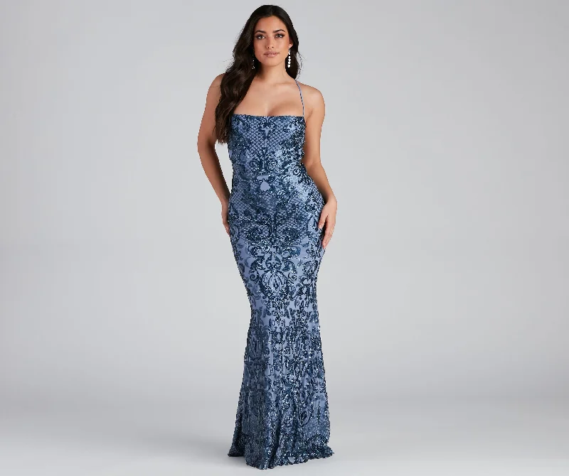 Polyester maxi dresses for easy - care and durabilityJayce Sequin Lace-Up Mermaid Formal Dress