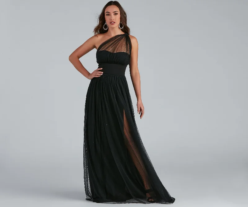 Maxi dresses with one - shoulder designs for a stylish and asymmetric lookJessy Swiss Dot Cowl A-Line Formal Dress