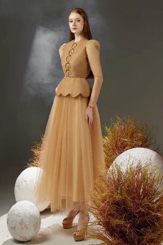 Maxi dresses with tassel accents for a fun and lively touchJosie Peplum Leg Of Mutton Sleeved Taffeta Maxi Dress