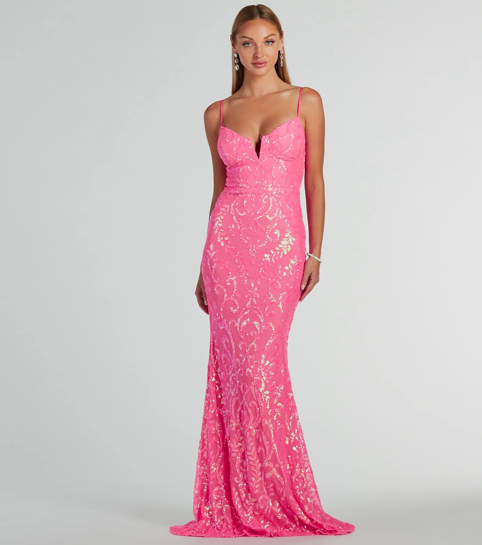 Maxi dresses with thin spaghetti straps for a delicate and feminine feelJulissa V-Neck Sequin Mesh Mermaid Dress