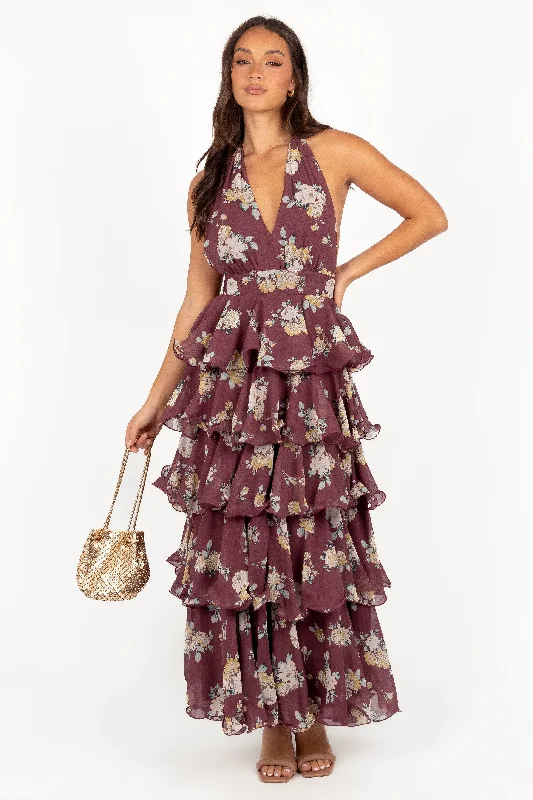 Sheer maxi dresses with lace overlays for a romantic touchKendall Maxi Halterneck Dress - Dark Wine