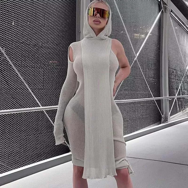 Satin maxi dresses with a high - low hem for a modern twistKliou M21D07233 Autumn Fashion Irregular One Shoulder Long Sleeves Solid Color Slim Dress See Through Hooded Maxi  Dress Ladies