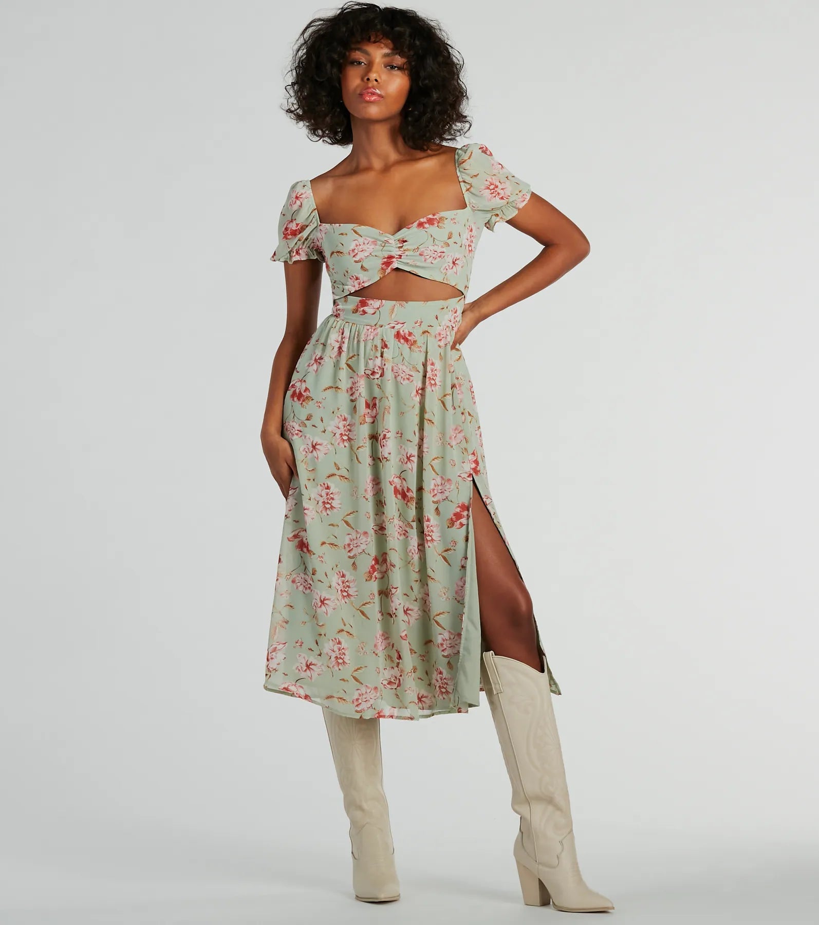 Velvet maxi dresses with long sleeves for winter weddingsLife's A Breeze Floral Cutout Midi Dress