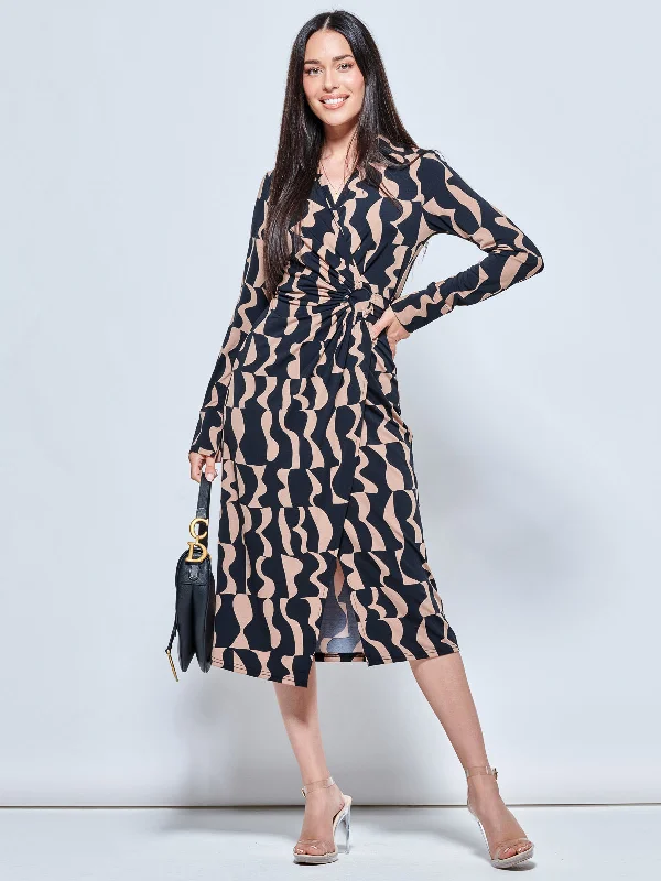 Maxi dresses with an asymmetric hem for a fashion - forward and eye - catching designLong Sleeve Printed Jersey Shirt Dress, Brown Pattern