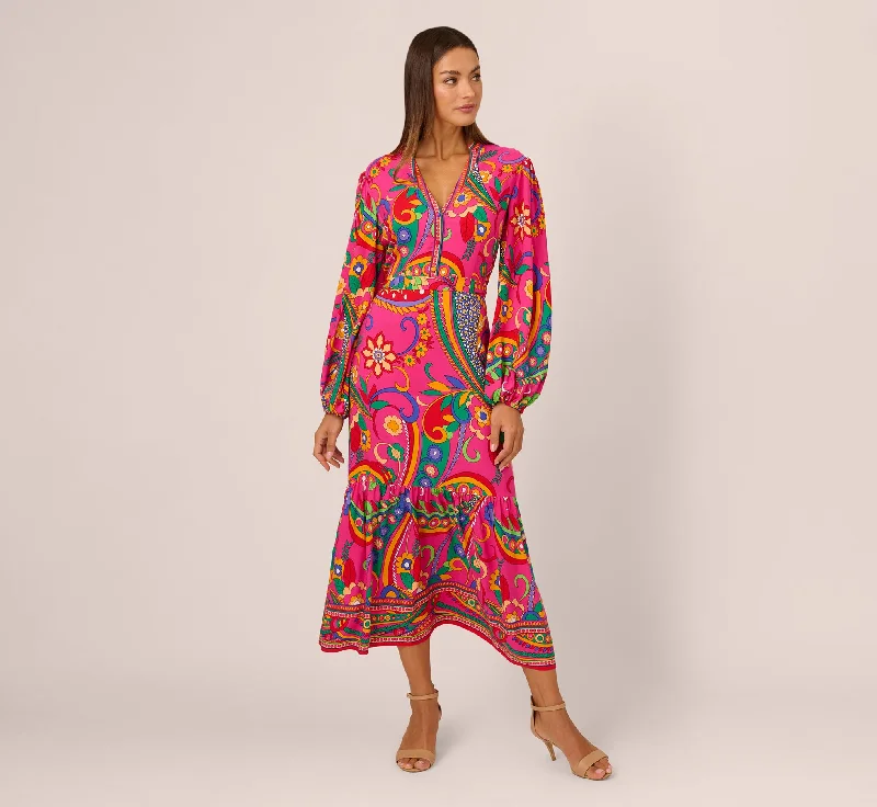 Printed maxi dresses with abstract patterns for an artistic lookLong Sleeve Retro Printed Midi Dress In Pink Multi