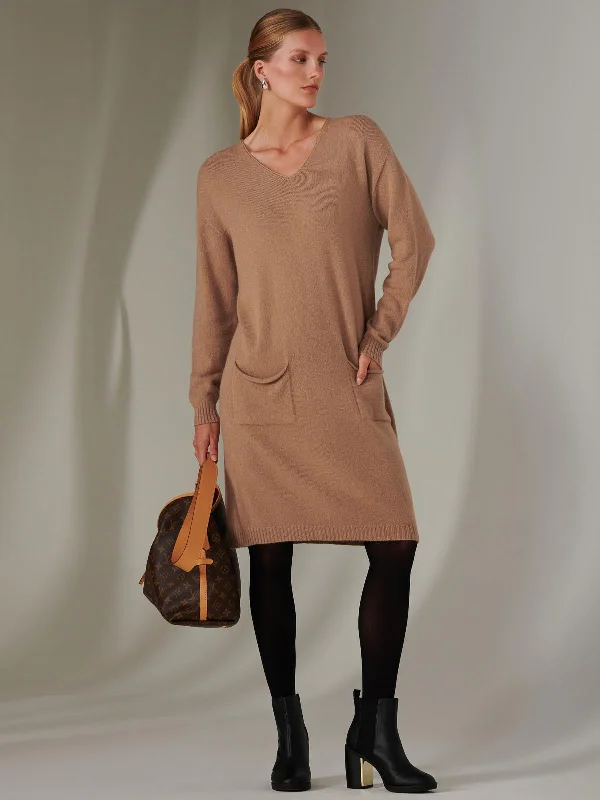 Maxi dresses with an asymmetric hem for a fashion - forward and eye - catching designMade in Italy V Neck Knitted Jumper Dress, Tan Brown