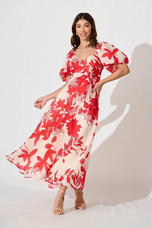 Maxi dresses with a paisley print for a classic and elegant styleMedora Maxi Dress In Champagne With Red Floral