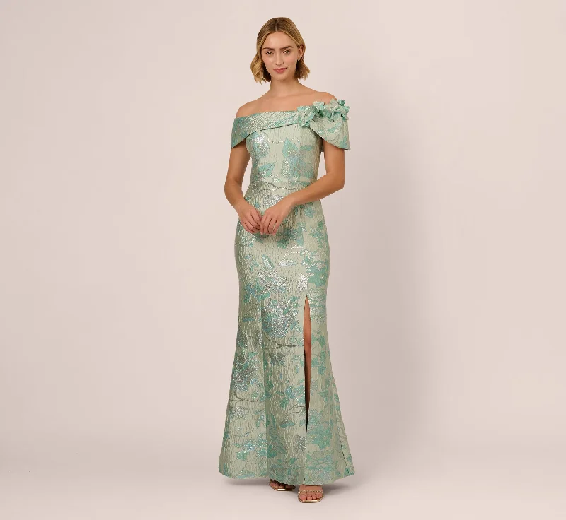 Maxi dresses with ribbed textures for a unique and tactile lookOff Shoulder Floral Jacquard Mermaid Gown In Icy Sage