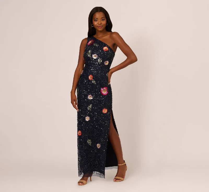 Maxi dresses with a paisley print for a classic and elegant styleOne Shoulder Floral Bead Dress In Navy Multi