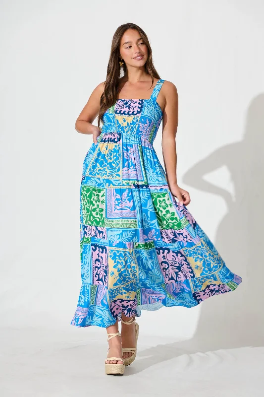 Animal print maxi dresses for a statement - making outfitPanola Maxi Sundress In Blue With Multi Tile Print