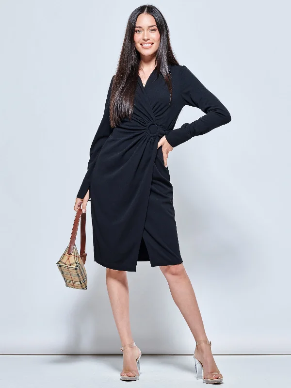 Maxi dresses with side slits for a touch of allurePlain Wrap Front Buckle Shirt Dress, Black
