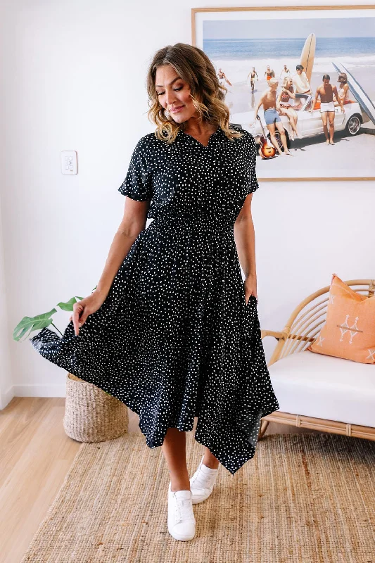 Satin maxi dresses with a high - low hem for a modern twistCameron Dress in Black & White