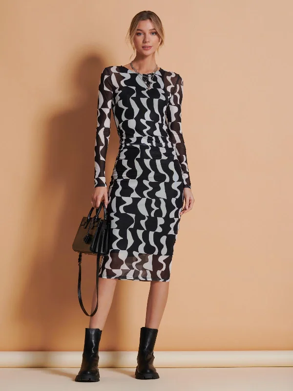 Maxi dresses with polka dot prints for a playful stylePrint Long Sleeve Mesh Bodycon Dress, Black Pattern