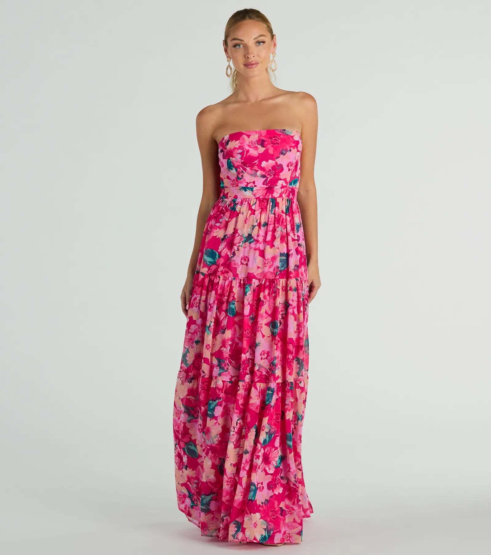 Plaid maxi dresses for fall fashion eventsRadiate Romantic Vibes Strapless Floral Chiffon Maxi Dress