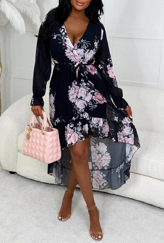 Floral print maxi dresses for summer garden partiesRomantic Feeling Black Chiffon Floral Waterfall Hem Maxi Dress