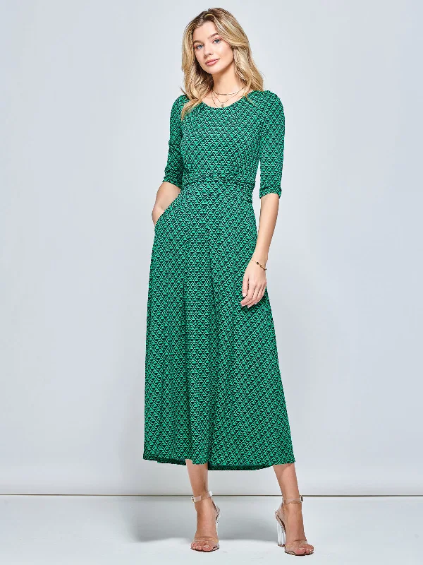 Sheer maxi dresses with lace overlays for a romantic touchRound Neck Sleeved Jersey Maxi Dress, Green Geometric