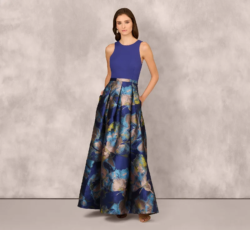 Maxi dresses with a halter neck for a stylish and sophisticated choiceSleeveless Floral Jacquard Combo Ballgown In Blue Yellow Multi