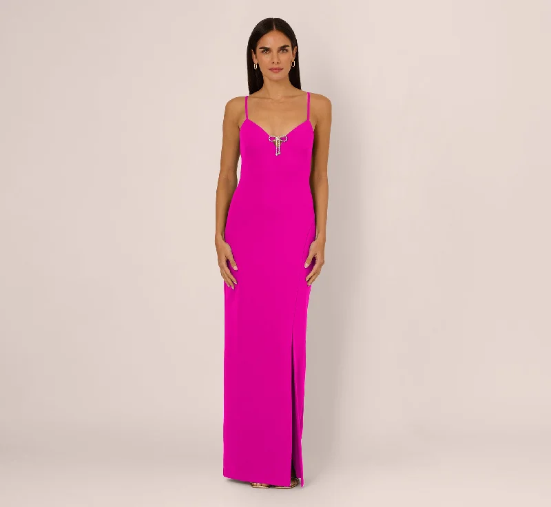 Leather maxi dresses for an edgy and bold appearanceSleeveless Knit Crepe Rhinestone Bow Column Gown In Pink Flame