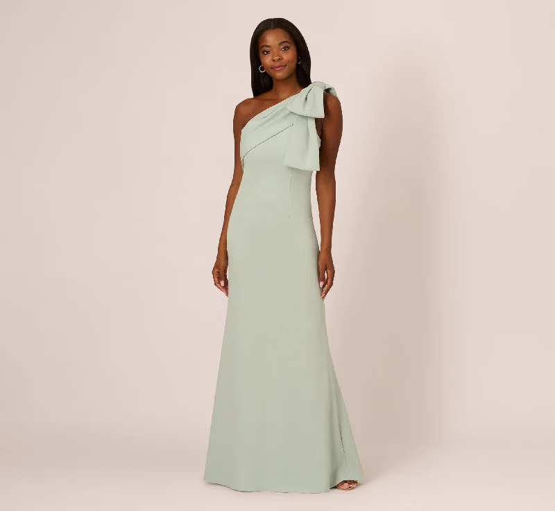 Maxi dresses with beaded embellishments for a fancy and luxurious eventStretch Crepe One Shoulder Mermaid Gown With Bow Accent In Icy Sage