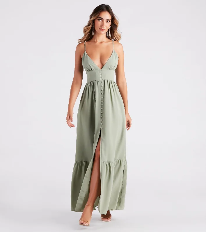 Maxi dresses with a ruffled neckline for a charming lookSwept Off Your Feet Button Ruffle Maxi Dress