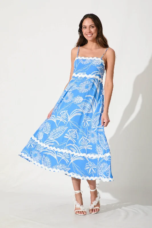 Maxi dresses with fringe trim for a bohemian vibeTreviso Maxi Sundress In Blue And White With Ric Rac Trim