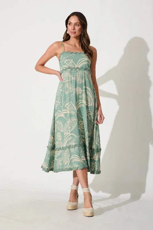 Ruffled maxi dresses with a tiered skirt for added volumeTreviso Maxi Sundress In Green And Cream With Ric Rac Trim