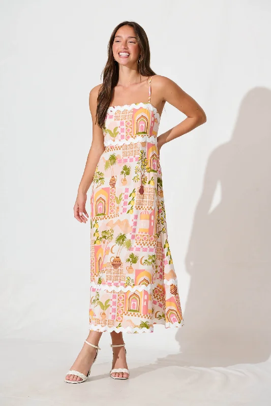 Maxi dresses with cut - out details on the sides for a modern edgeTreviso Maxi Sundress In Multi Beige Print With Ric Rac