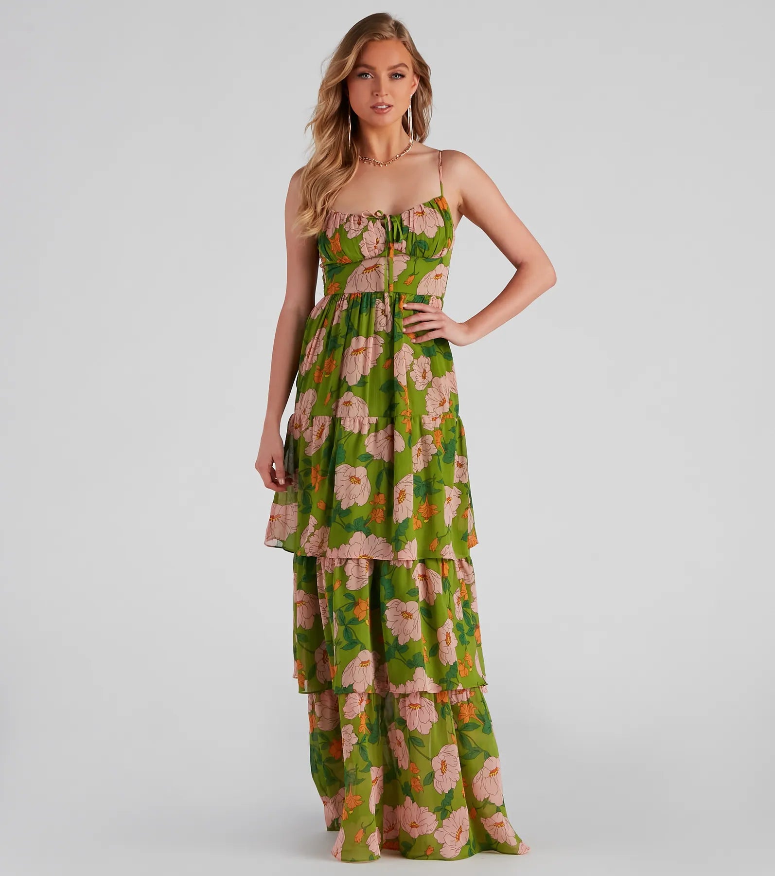 Ruffled maxi dresses with a tiered skirt for added volumeValerie Tiered Floral Printed Dress