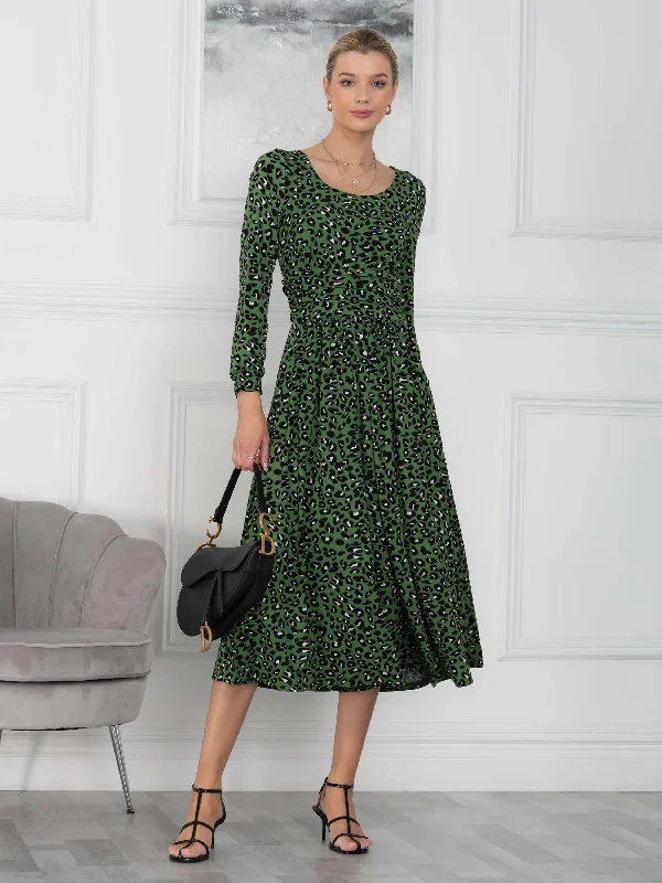Denim maxi dresses with frayed hems for a casual lookVeeksha Animal Print Dress, Green Animal
