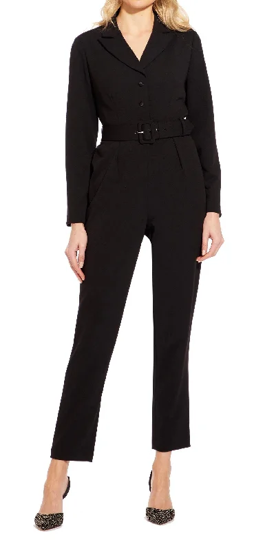 Sheer wedding guest dresses with lace inserts and long sleevesAdrianna Papell AP1D102936 Long Sleeve Belted Solid Stretch Crepe Jumpsuit
