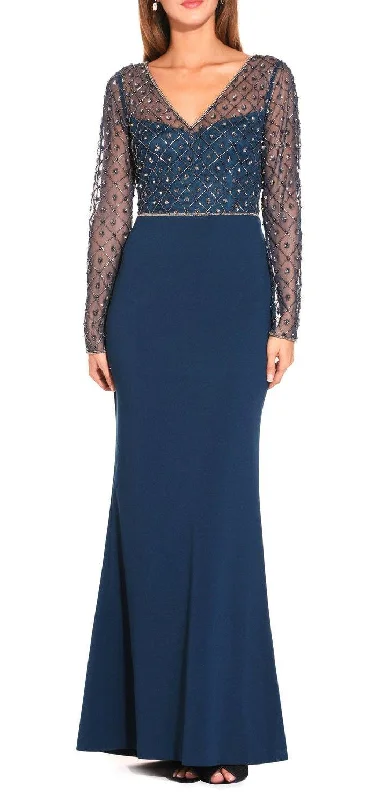 Halter - neck wedding guest dresses with beaded strapsAdrianna Papell AP1E203730 Long Sleeve Long Formal Mesh Dress