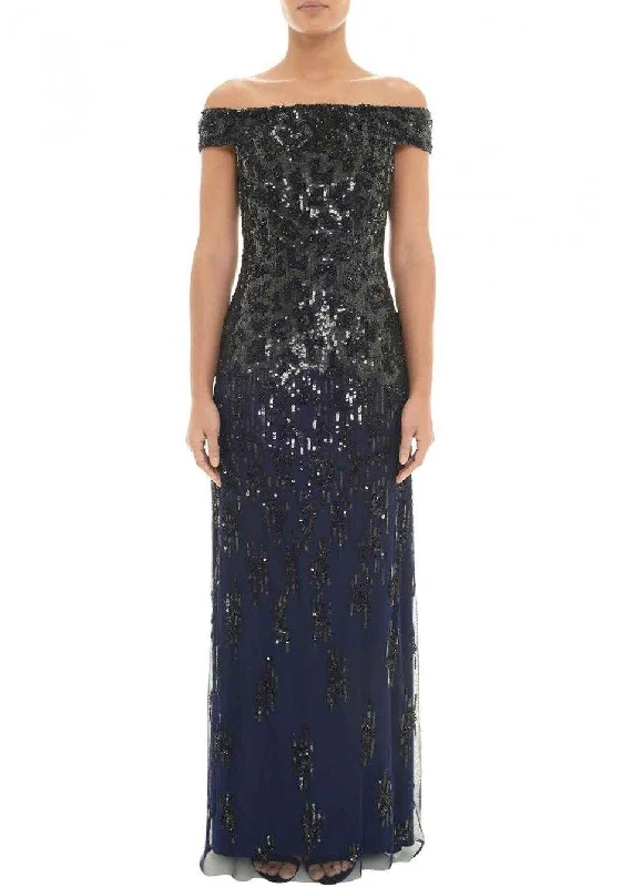 Wedding guest dresses with cold - shoulder ruffled sleeves and knee - length hemsAdrianna Papell AP1E202441 Off Shoulder Sleeveless Long Prom Dress