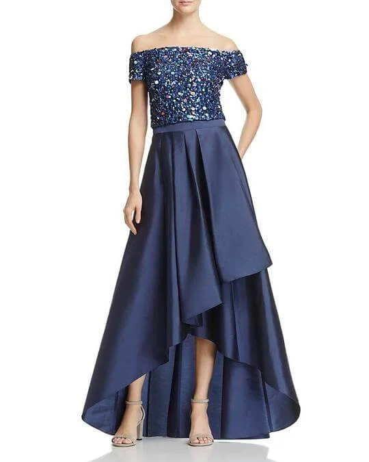 Long - sleeved wedding guest dresses in velvet for a winter weddingAdrianna Papell AP1E201583 Off Shoulder Two Piece High Low Dress