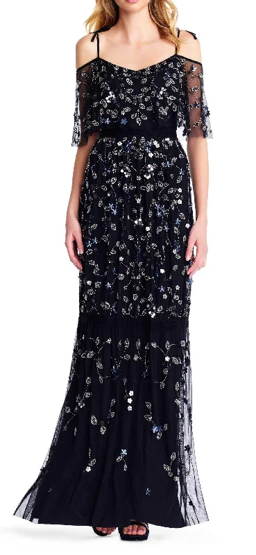 Wedding guest dresses with tassel - adorned belts and A - line skirtsAdrianna Papell AP1E202574 Spaghetti Strap Long Formal Mesh Dress