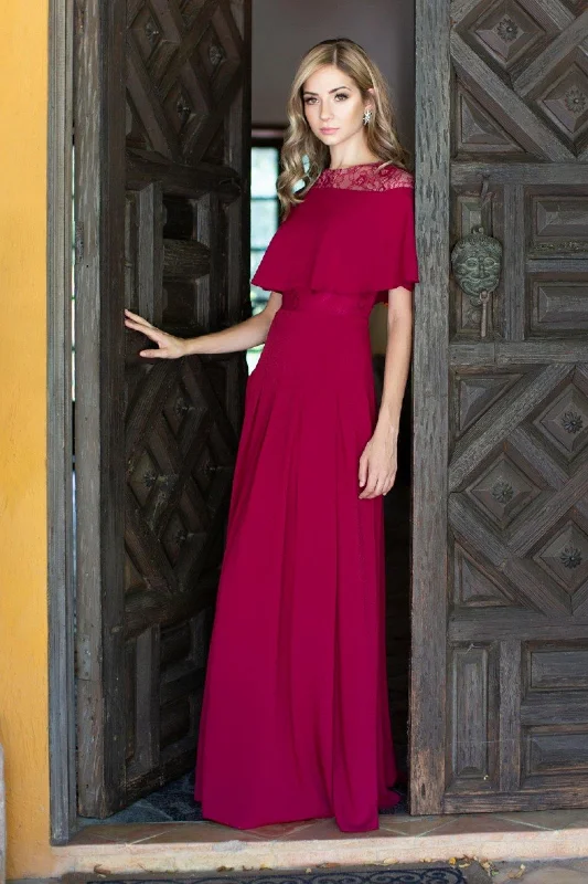 Velvet - trimmed wedding guest dresses in burgundy for a formal eventAidan by Aidan Mattox Long Formal Cape Sleeve Dress