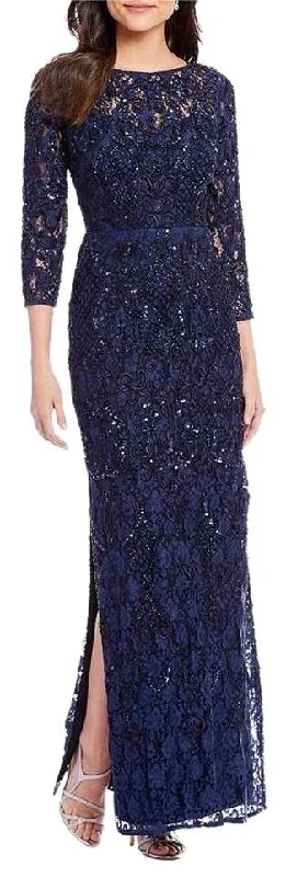 Velvet - trimmed wedding guest dresses in burgundy for a formal eventAidan Mattox Long Sleeve Long Formal Lace Dress