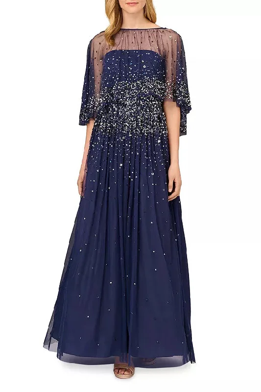 Maxi dresses with an asymmetric hem for a fashion - forward and eye - catching design Maxi dresses with an asymmetric hem for a fashion - forward and eye - catching design Aidan Mattox MD1E208169 Long Formal Removable Beaded Cape Dress