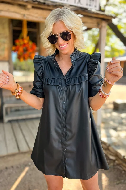 Mini dresses with puff sleeves for a vintage lookBlack Faux Leather Ruffle Hem Button Up Dress