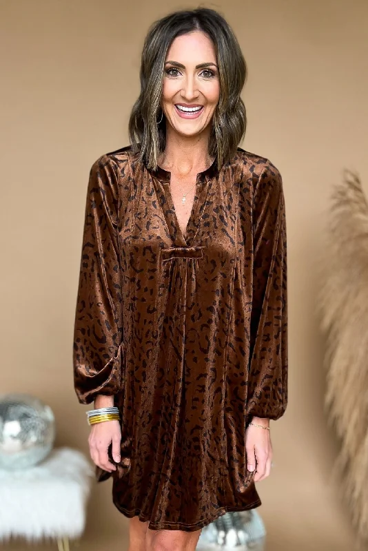 Sheer mini dresses with lace insertsBrown Animal Print Velvet V Neck Long Sleeve Dress