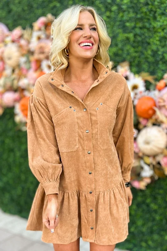 Mini dresses with side slits for a sexy appealCamel Corduroy Button Down Long Sleeve Dress