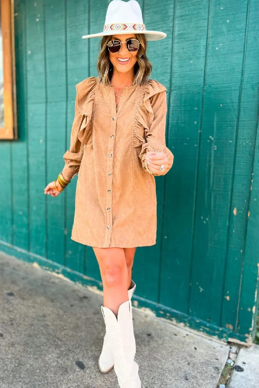 Mini dresses with empire waists for a flattering fitCamel Corduroy Button Down Ruffle Long Sleeve Dress