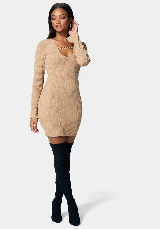 Plaid mini dresses for fall fashionChain Detail Rib Dress