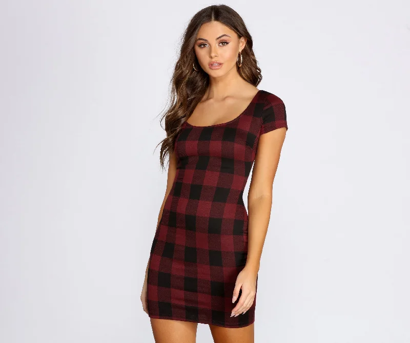 Cotton mini dresses for a comfortable everyday optionClad In Plaid Scoop Neck Mini Dress