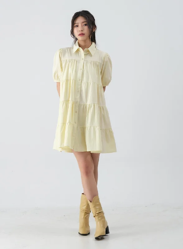 Cotton mini dresses for a comfortable everyday optionCollared Short Sleeve Ruffle Hem Mini Dress OY16