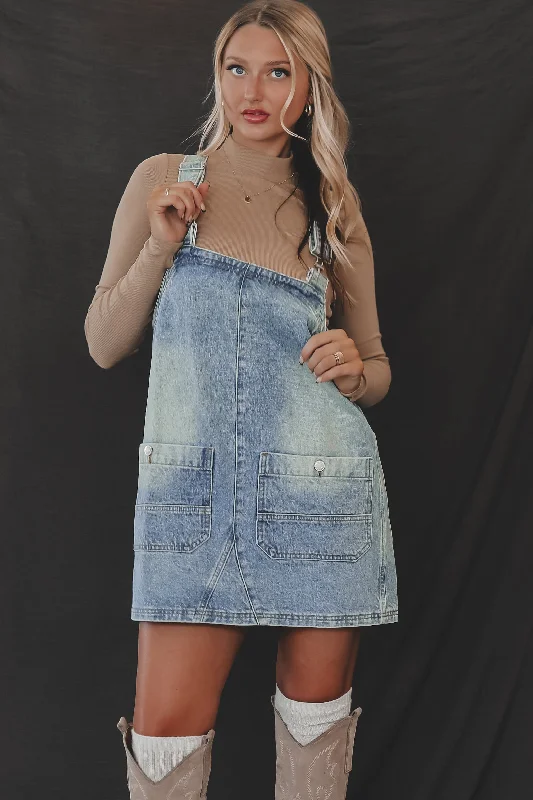 Mini dresses with side slits for a sexy appealDOOR SMASHER ?? The Day Is Today Denim Overall Mini Dress