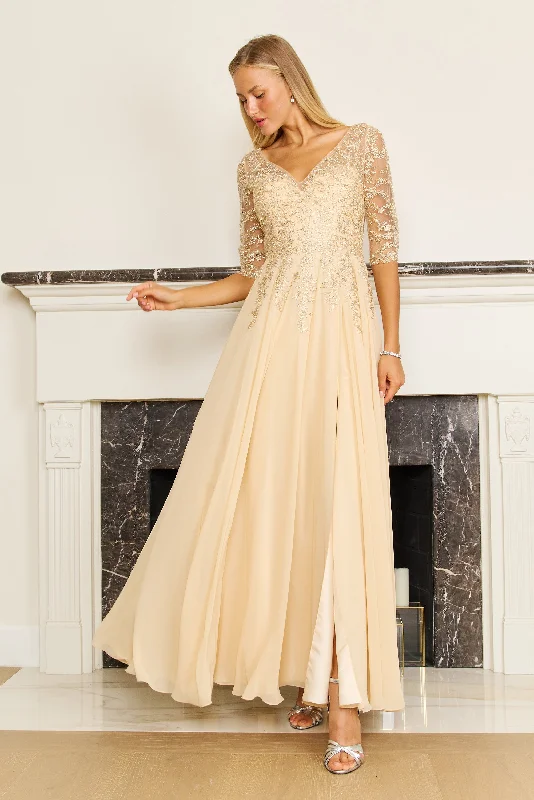 Maxi dresses with cut - out details on the sides for a modern edge Maxi dresses with cut - out details on the sides for a modern edge Dylan & Davids Long Sleeve Chiffon Formal Evening Dress Gold