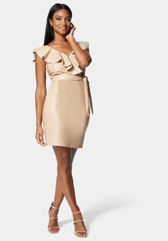 Mini dresses with pocket details for added functionalityVegan Leather Ruffle Wrap Dress