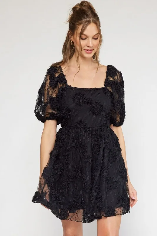 Ruffled mini dresses for a romantic touchFloral Applique Square Neck Puff Sleeve Black Mini Dress by Entro Clothing