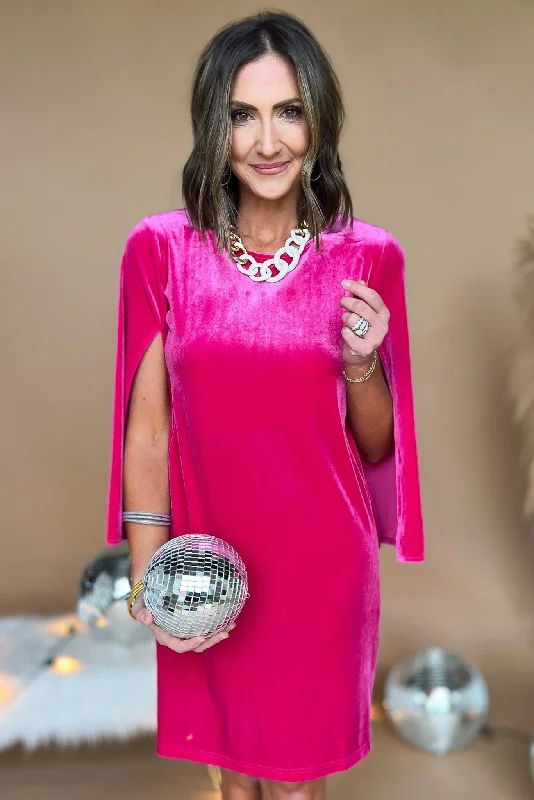 Mini dresses with fringe for a bohemian styleFuchsia Velvet Slit Sleeve Shift Dress