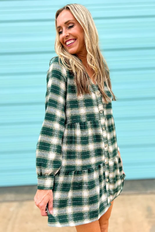 Mini dresses with embroidered details for a unique touchGreen Plaid Drop Waist Button Down Dress